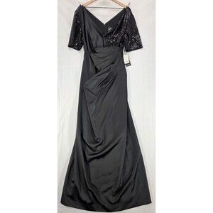 Adrianna Papell Formal Gown Maxi Dress Black Satin Sequin Long NWT Glam 16W